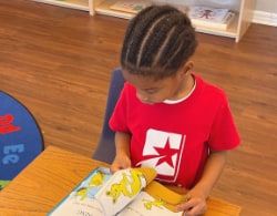 A child in a red T-shirt sits at a wooden table reading a picture book.